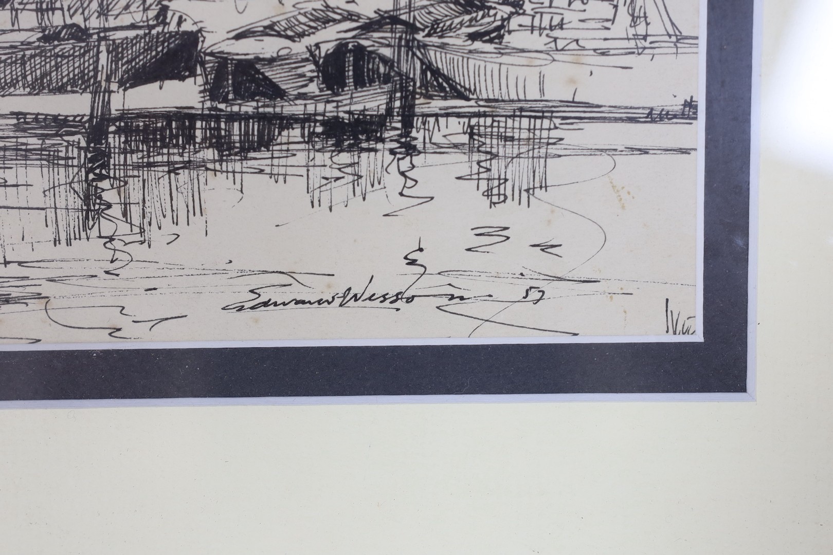 Edward Wesson (1910-1983), pen and ink, St Paul's from The Thames, signed and dated '57, 24 x 32cm